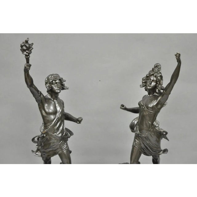 Renaissance Antique French Renaissance "Le Force & Le Pouvoir" Spelter Metal Sculpture Pair For Sale - Image 3 of 12