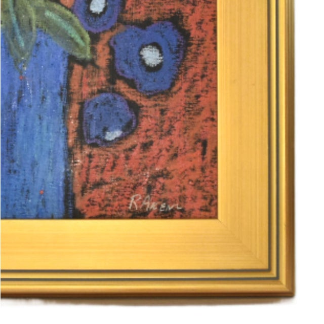 Original one-of-a-kind contemporary oil painting of a bouquet of blue flowers on an artist's canvas panel. The talented...