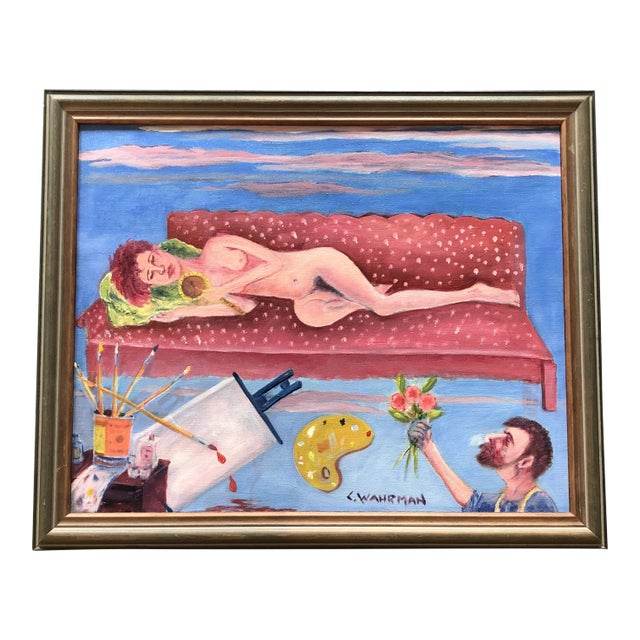 Vintage Original 1970’s Female Reclining Nude Interior Painting For Sale