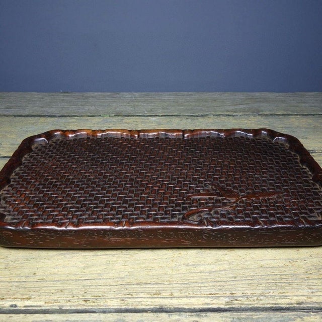 Mid 20th Century Vintage Rosewood Tea Tray - Carved Woven & Bamboo Motif For Sale - Image 5 of 9