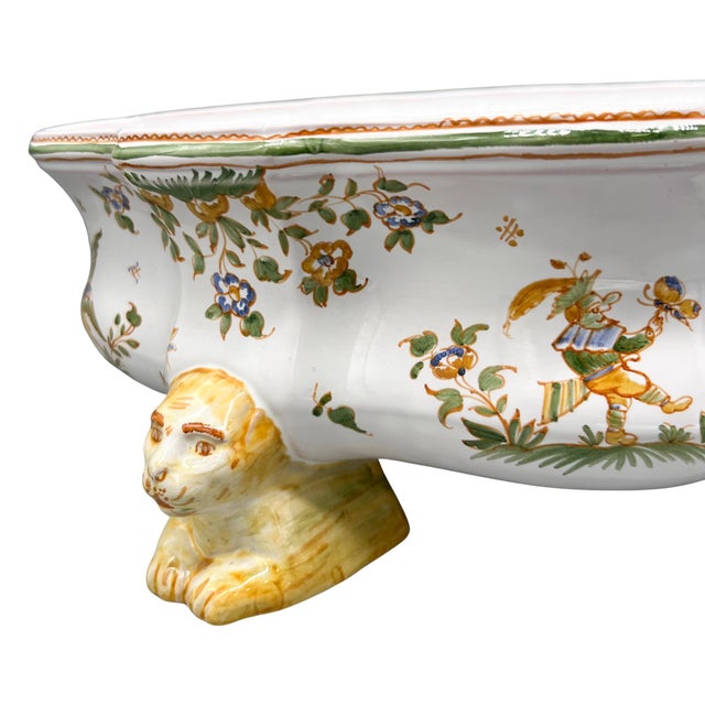 Green Large 18th Century Style French Hand-Painted Faience Foot Bath (Pédiluve) / Centerpiece Bowl by Nicole Tilloy – Rococo Revival / French Country For Sale - Image 8 of 14