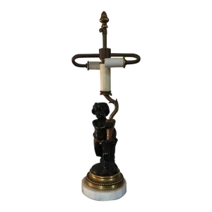 Antique 19th Century Neoclassical French Patinated & Gilt Bronze Satyr or Putti Cherub Desk Table Lamp on White Marble Base