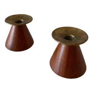 Pair of Modernist Vintage Teak and Brass Candle Holders
