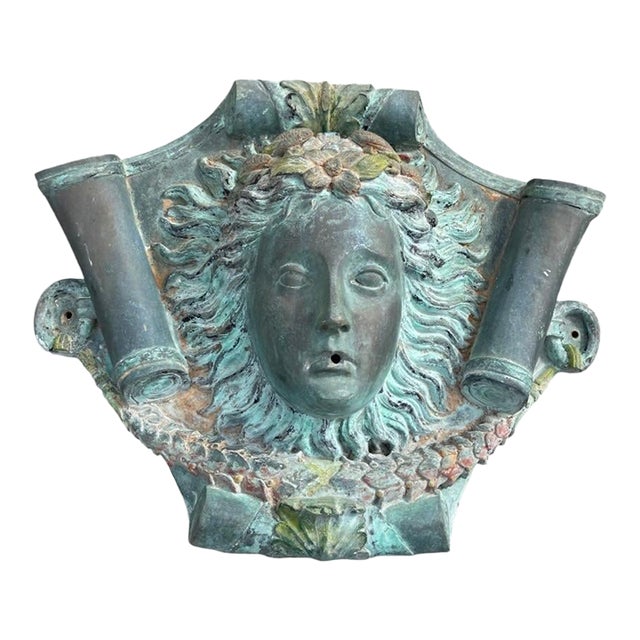 Vintage Classical Bronze & Polychrome Water Fountain Mask For Sale