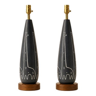 1950s Raymor Italian Sgraffito Giraffe Ceramic Table Lamps - a Pair For Sale