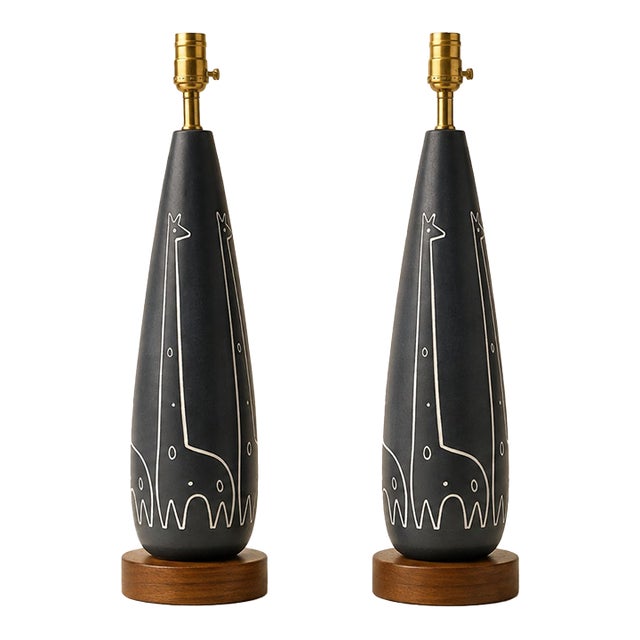 1950s Raymor Italian Sgraffito Giraffe Ceramic Table Lamps - a Pair For Sale