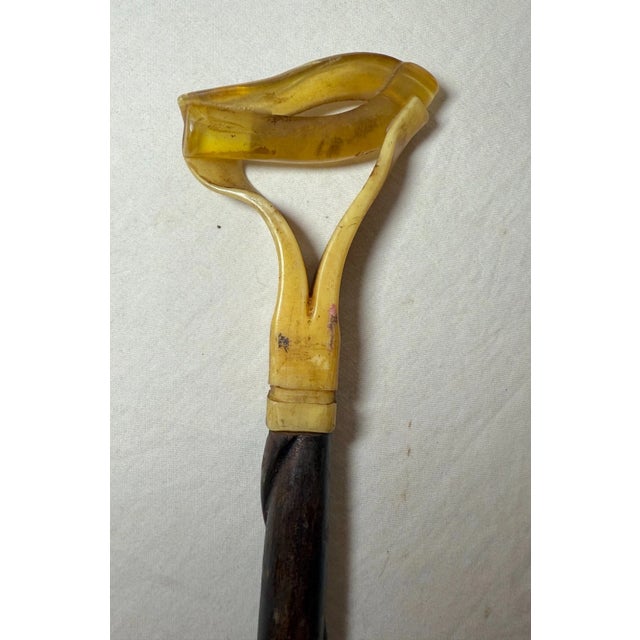 Antique Handmade Carved Buffalo Horn Wood Folk Art Cane Walking Stick For Sale - Image 4 of 12