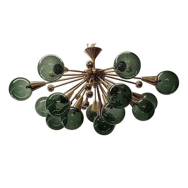 Murano Sputnik Spherical Green Glass and Brass Chandelier, 1990 For Sale