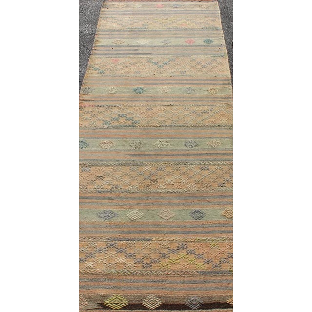 Vintage Hand Woven Turkish Kilim Runner With Geometric Shapes and Colorful Stripes For Sale In Atlanta - Image 6 of 12