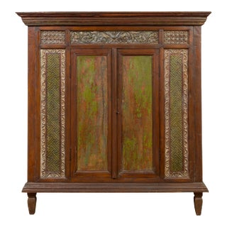Large 19th Century Cabinet with Carved Floral Motifs and Distressed Verde Finish For Sale