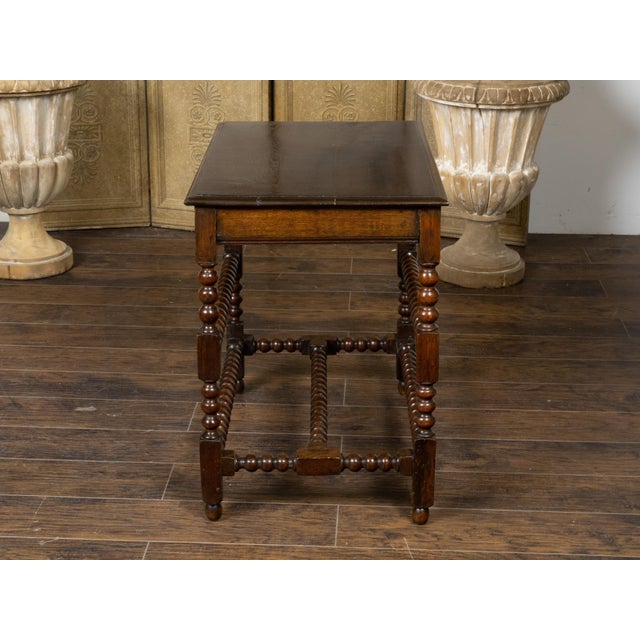 Wood English 19th Century Oak Bobbin Leg Table with Single Drawer and Cross Stretcher For Sale - Image 7 of 12