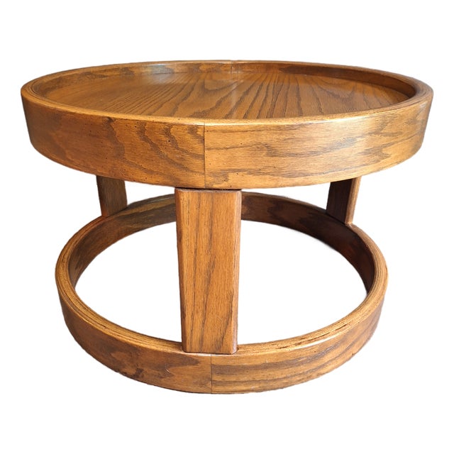Vintage Post Modern Solid Oak Round End Table For Sale