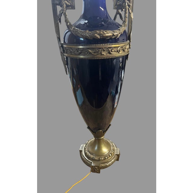 Mid 20th Century Antique Cobalt Blue Porcelain Bronze Mounted French Empire Style Table Lamp For Sale - Image 5 of 10