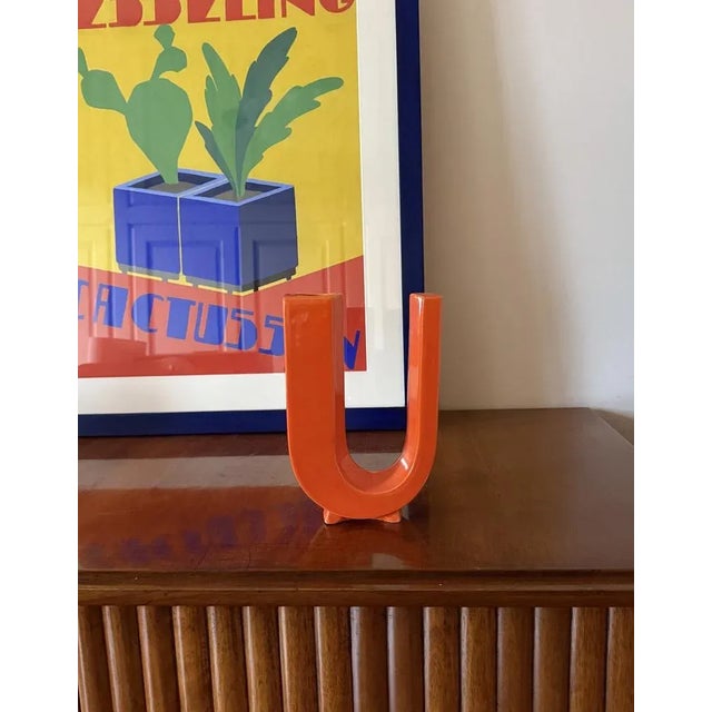 Space age orange letter shaped ceramic solifleur vase Creations Marcel Radureau France ca. 1970 H 20.5 cm - 15 × 6 cm...