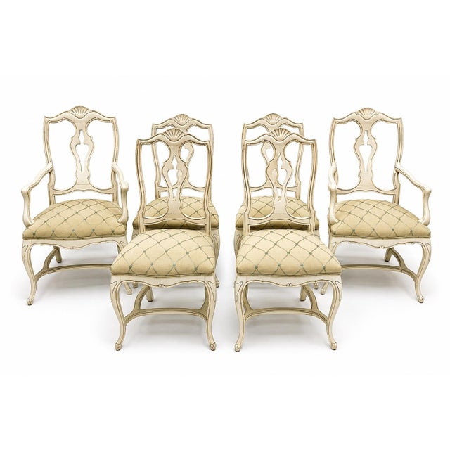 Mid-Century French Style Carved & Painted Dining Chairs Embroidered Linen - S/6 For Sale - Image 11 of 12