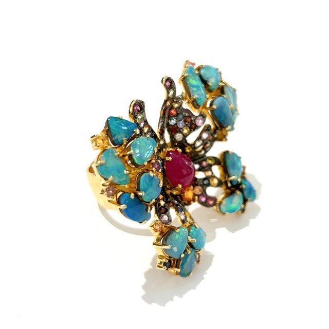 Traditional Bochic "Orient" Opal, Multi Sapphires & Ruby Ring Set In 18K Gold & Silver For Sale - Image 3 of 18