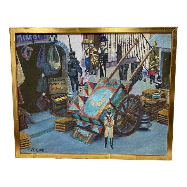 1970s Original Naive Surreal Study of Italian Toys Oil Painting in 22k Frame Signed For Sale