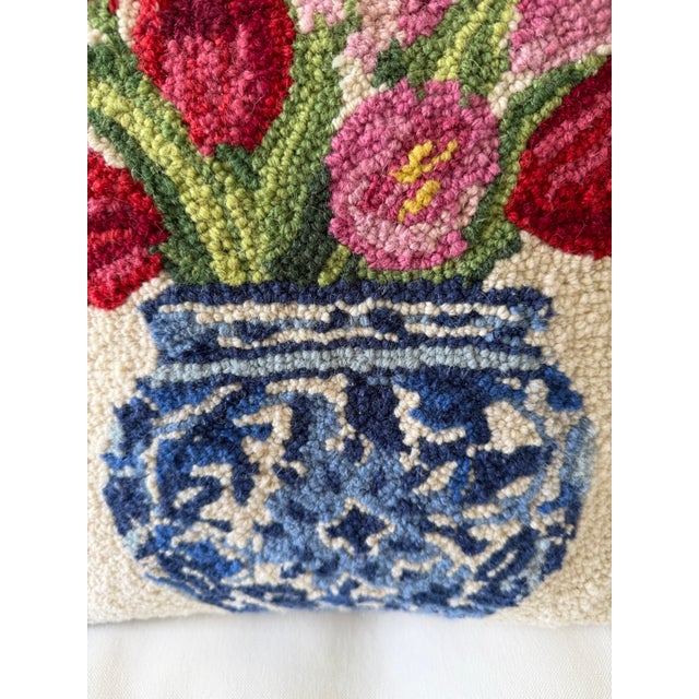 Beautiful square wool hooked throw pillow featuring potted tree in blue and white chinoiserie planter 100% wool hooked and...