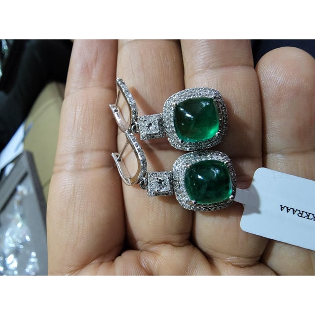 Natural Zambian Emerald Caboshan 8.42 Carats and Diamonds 1.54 Carats /14k Gold, A Pair For Sale - Image 10 of 18