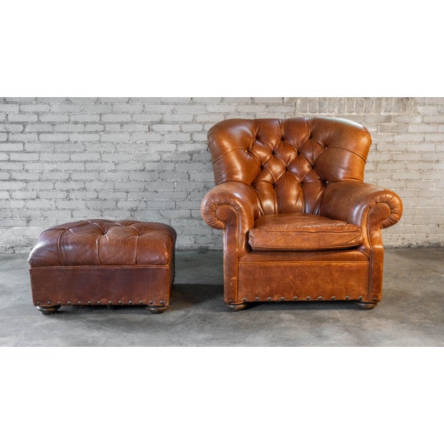 Restoration Hardware for Mitchell Gold 'Churchill' writer's chair with matching ottoman, in a lovely cigar brown leather....