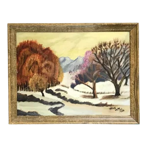 1980 Mary Dutiel Winter Scene Primitive Oil Painting on Canvas Board, Framed