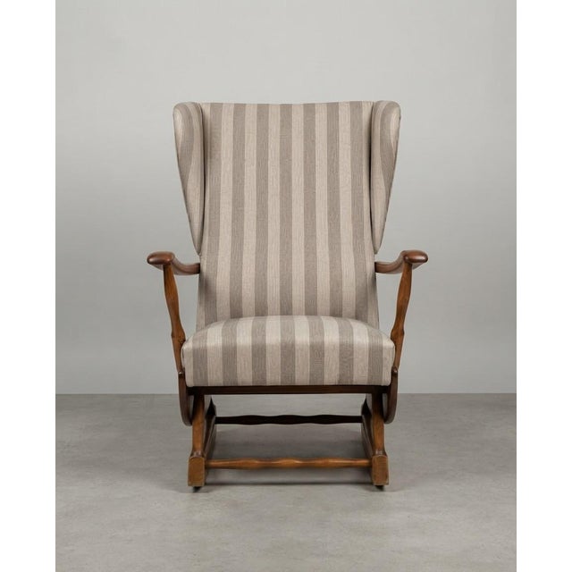 1950s Vintage Hungarian Rumba Wingback Rocking Chair in Beige Striped Fabric with Wooden Rockers For Sale - Image 5 of 5