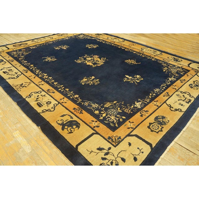 Art Deco 1920s Blue Navy Vase Floral Antique Chinese Peking Carpet 9'2" X 11'6" Rug For Sale - Image 3 of 10