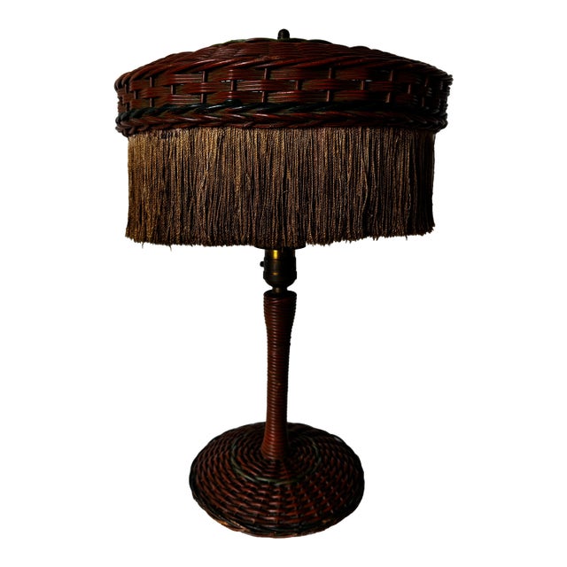 Vintage Organic Japanese Handmade Wicker Table Lamp For Sale