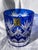 Kaleidoscopic light-catching single blue lowball whiskey glass. Matching red glass listed separately. Edo Kiriko glass was...
