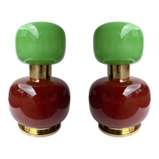 Contemporary Pair of Brass and Green Murano Glass Bulb Shade Lamps, Italy For Sale