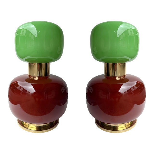 Contemporary Pair of Brass and Green Murano Glass Bulb Shade Lamps, Italy For Sale