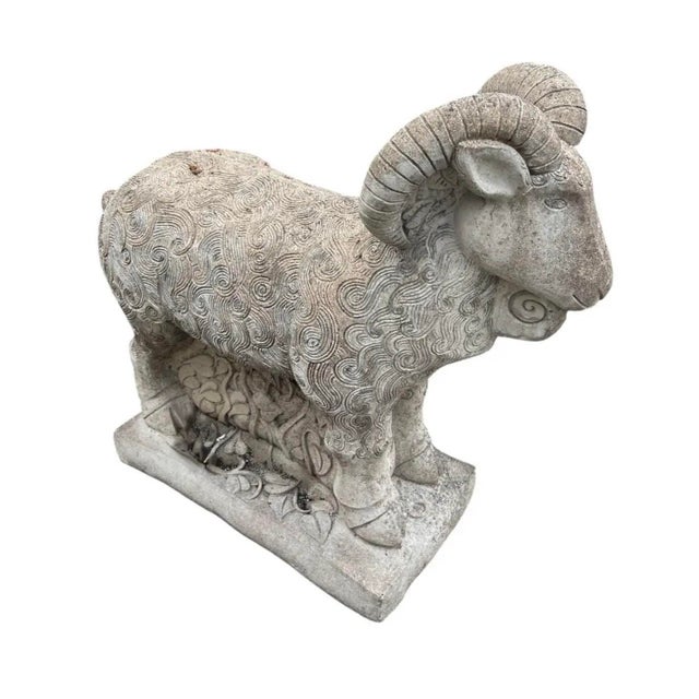 2000 - 2009 Vintage Stylized Cast Stone Ram Garden Statue With Swirl Relief Detail For Sale - Image 5 of 12