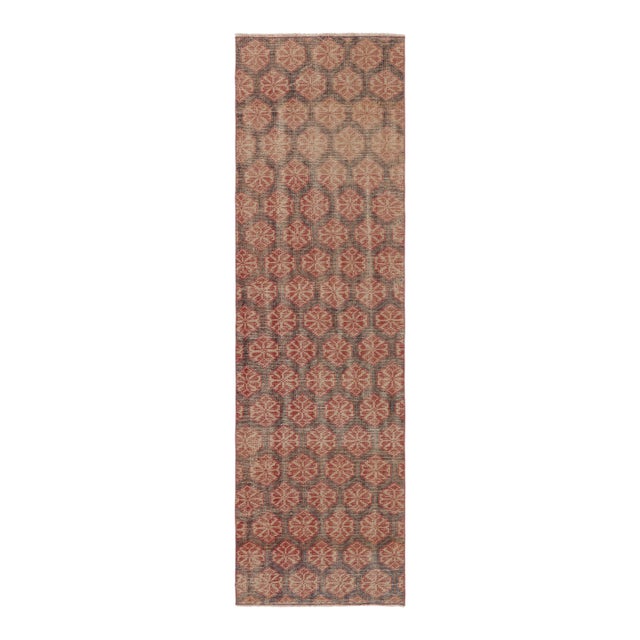 Vintage Distressed Runner Rug, Rust-Blue Geometric Floral Pattern - Rug & Kilim For Sale