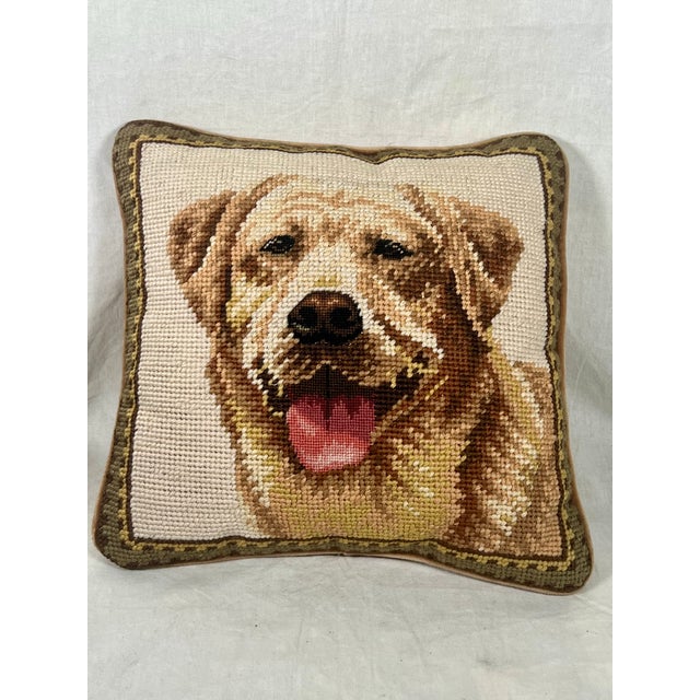 Textile Vintage Golden Retriever Needlepoint Pillow For Sale - Image 7 of 8