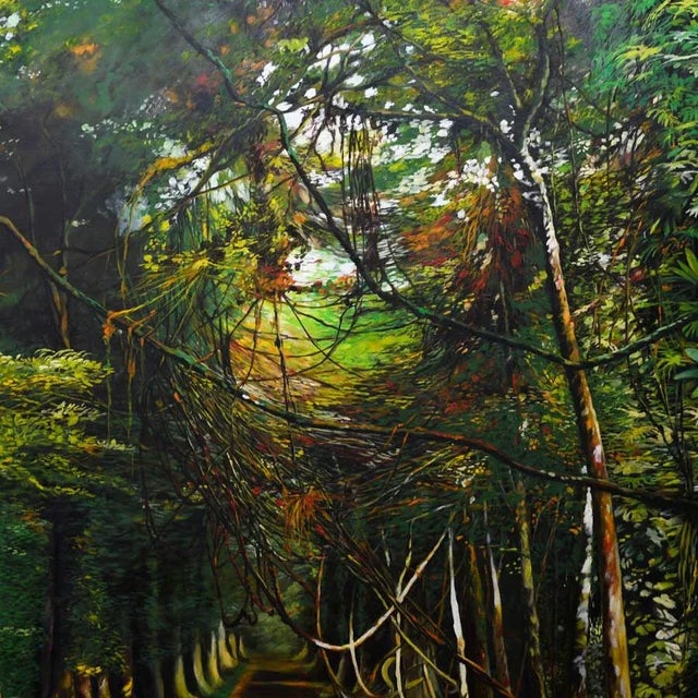 This Fenol Marcelin Avenue of Trees Oil on Canvas employs a vibrant color palette that blends rich greens and earthy tones...