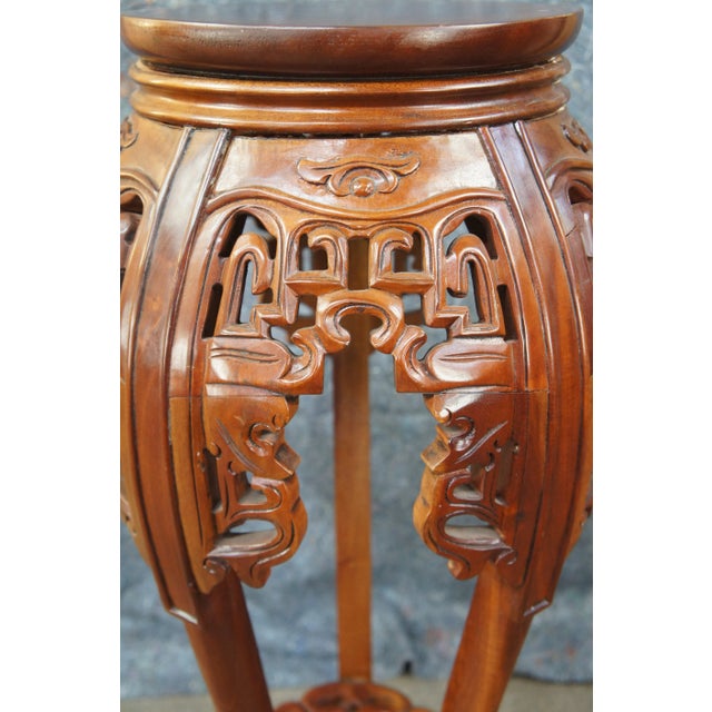 Mid 20th Century Mid 20th Century Round Chinoiserie Carved Mahogany Plant Stand Sculpture Pedestal For Sale - Image 5 of 11