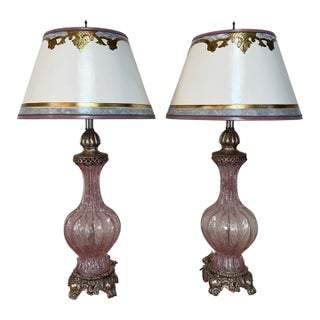 Mid 20th Century Murano Barovier & Toso Style Pink Bullicante Glass Table Lamps - a Pair For Sale