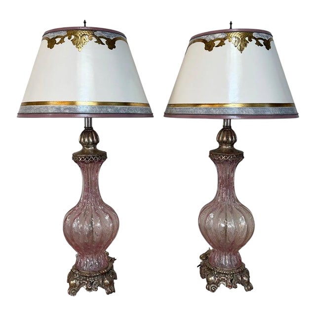 Mid 20th Century Murano Barovier & Toso Style Pink Bullicante Glass Table Lamps - a Pair For Sale