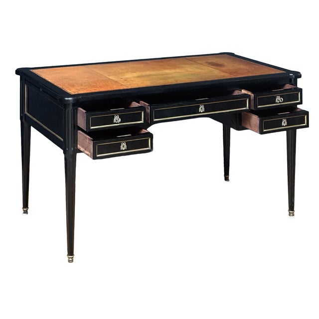 French Louis XVI Ebonized Writing Table or Desk With Embossed Leather Top From France For Sale - Image 3 of 15