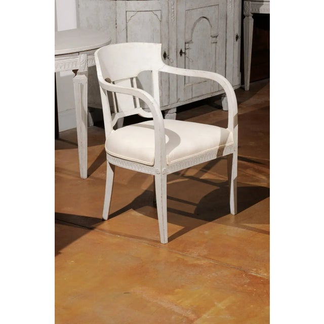 1870s Swedish Painted Wood Neoclassical Style Upholstered Armchairs - a Pair For Sale In Atlanta - Image 6 of 11