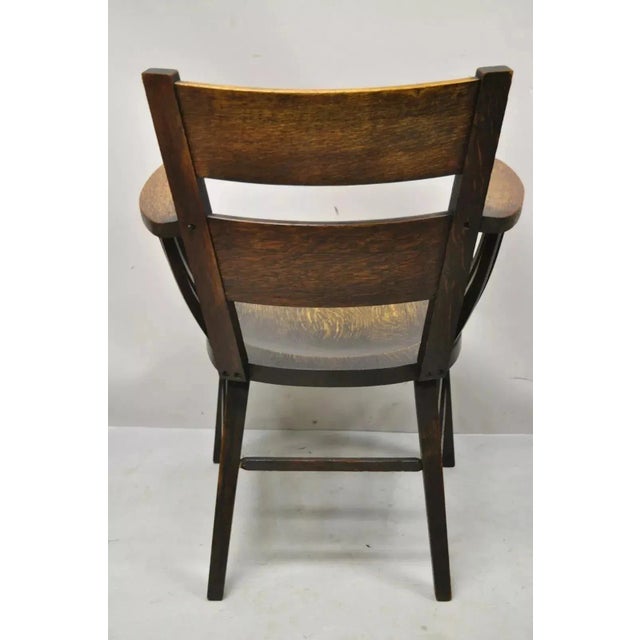 Early 20th Century Antique Arts & Crafts Mission Oak Bowed Spindle Plank Seat School Arm Chair For Sale - Image 10 of 12