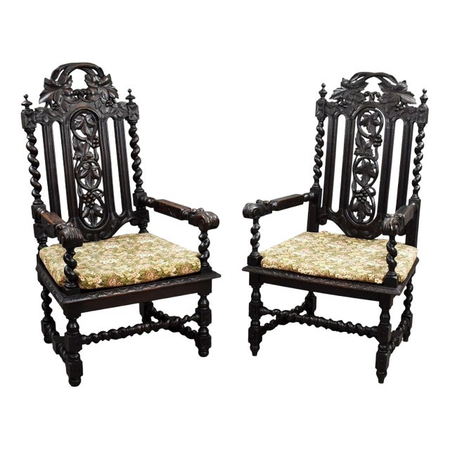 Antique Carved Throne Chairs, 1890, Set of 2 For Sale
