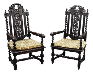 Antique Carved Throne Chairs, 1890, Set of 2
