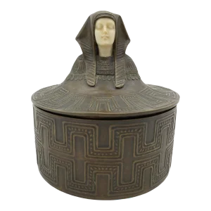 Egyptian Revival Bronze Round Pharaoh Case With Carved Bone Face, 1920