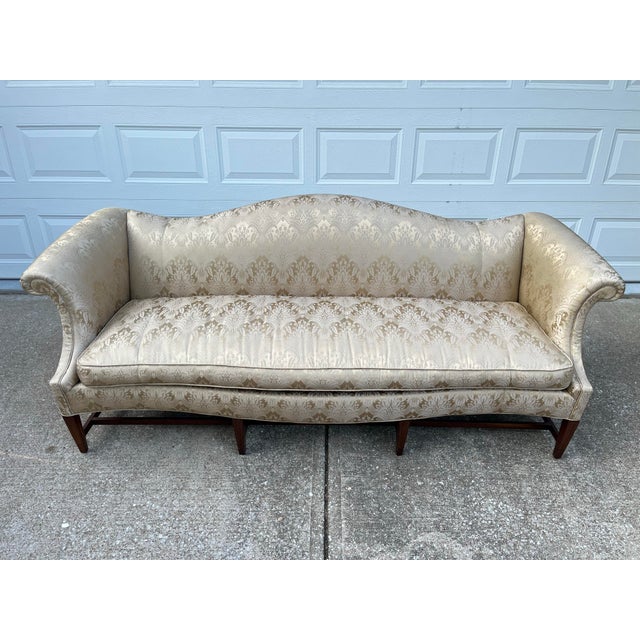 Vintage Down Filled Camelback Sofa- Reupholstered in Golden Cream Damask Silk For Sale - Image 12 of 12