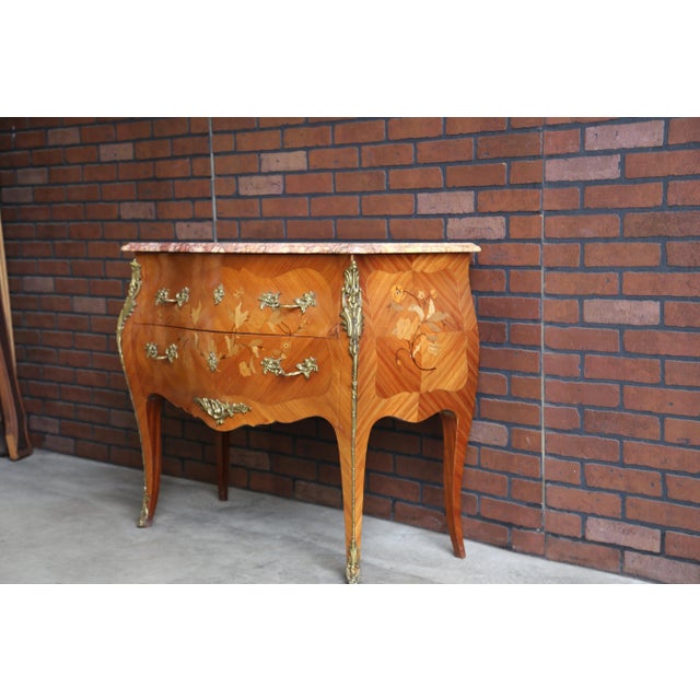 Brown Antique French Louis XV Marble Top Bombe Chest For Sale - Image 8 of 8
