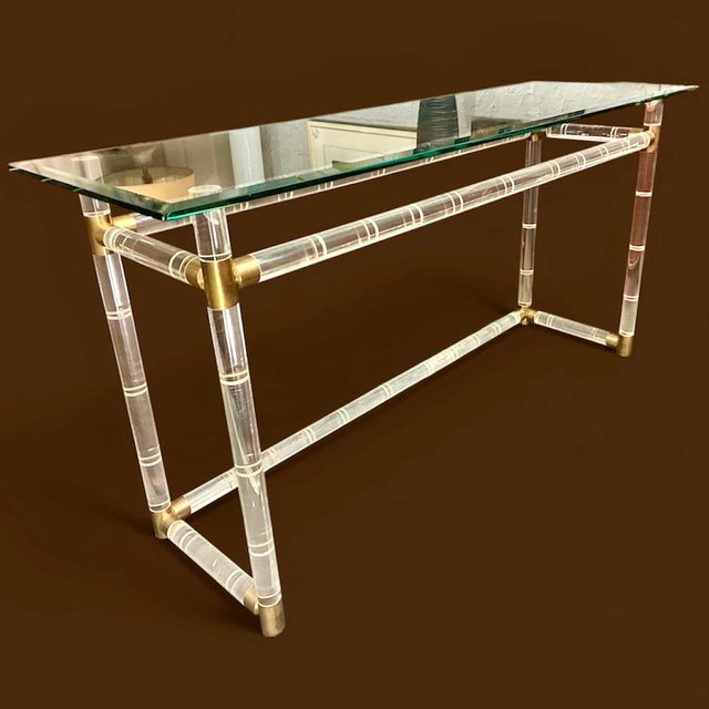 Charles Hollis Jones 1960s Lucite & Brass “Bamboo” Console Table Attr. To Charles Hollis Jones For Sale - Image 4 of 5