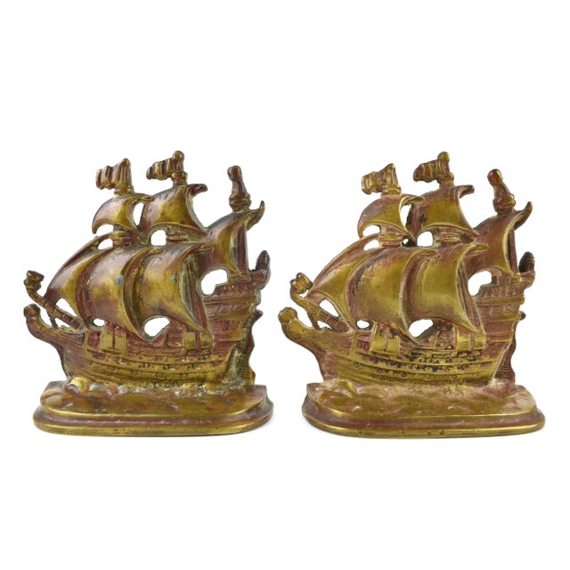 Early 20th Century Heavy Solid Cast Bronze Finished Sailing Ship Bookends - a Pair For Sale - Image 10 of 10