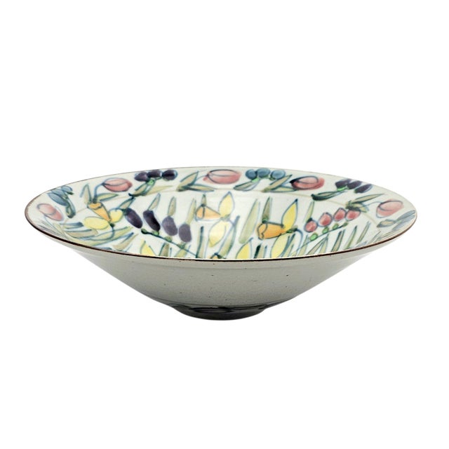 Contemporary Large Hand Painted Floral Studio Pottery Porcelain Centerpiece Bowl 11" For Sale - Image 3 of 16