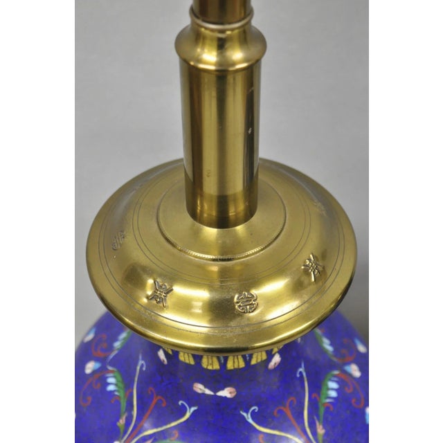 Metal Vintage Chinoiserie Blue Enamel Chinese Brass Jardinierie Table Lamps - A Pair For Sale - Image 7 of 14